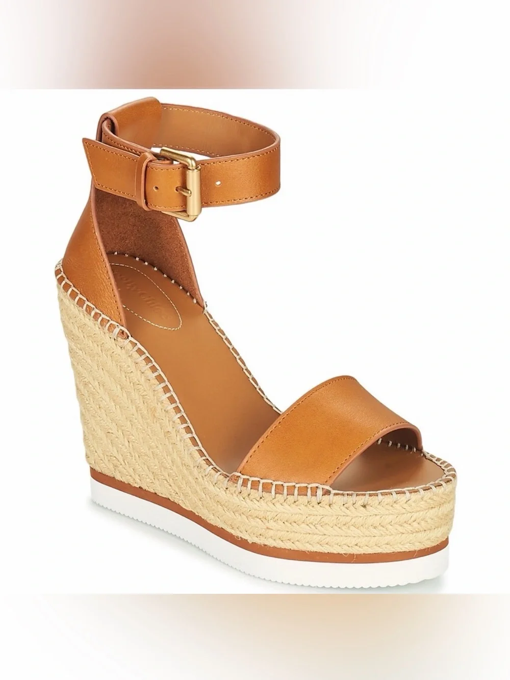See By Chloé Tan Leather Espadrille Wedge Sandals with Ankle Buckle